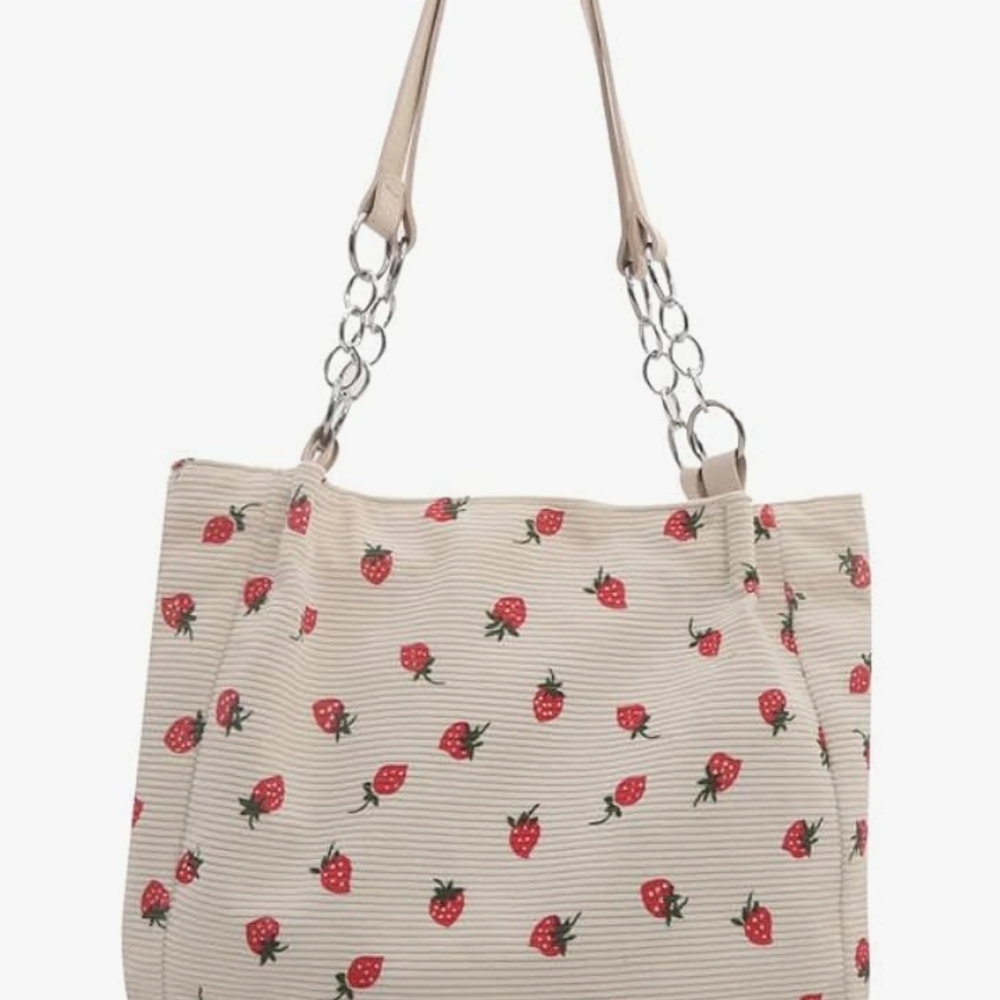 Strawberry Print Tote Bag - Cream and Red - Picture 2 of 8